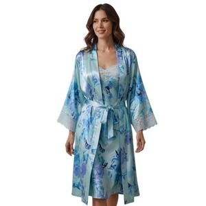 Amoureuse Satin Lace whimsy Women's size 1X Robe & Slip Dress Lingerie Sleepwear